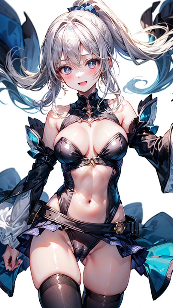(Best quality, 8k, 32k, Masterpiece, UHD,:1.2),RAW, 1girl,ultra cute , natural lighting,transparent shining eyes, 20yo ,fair complexion,blush, open mouth, laughing, (Black leotard、turtleneck,((no-sleeve)), ((Dynamic angle)), medium breast, smiling, shiny,, ((White Background)), White hair, ponytail, Cowboy shot, wedgie, Cameltoe