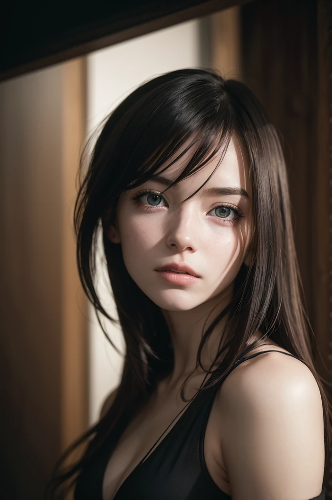 (editorial photography by Tifa Lockhart, 20 years old), (high-detailed face:1.4) (ssmile:0.7) (background inside dark, temperamental, private study:1.3), Steampunk Pirate Airship, Nikon D850, movie image bank, the Kodak Portra 400 ,f1 camera.6 lenses, bokeh, analog style, rich colors, hyperrealisti, realistic texture, dramatic lighting, Cinemastill 800, Messy hair, serious, (freckles:0.4), pale skin, cute sexy that I'm full body in the image