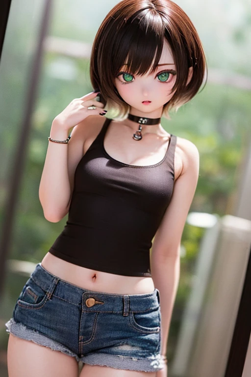 (SFW:2), photorealistic, realistic photo, 8k, ((highest quality)), ((masterpiece)), (extremely detailed), kukolnydom, doll, (female, 18yo, 18 years old:1.6), solo, ((cowboy shot, standing, slim, slender, medium breasts, tank top, navel, hot pants, choker)), (parted lips, green eyes, brown hair, plastic skin, looking at another, glass eyes, gradient eyes, shining eyes, detailed eyes:1.3)