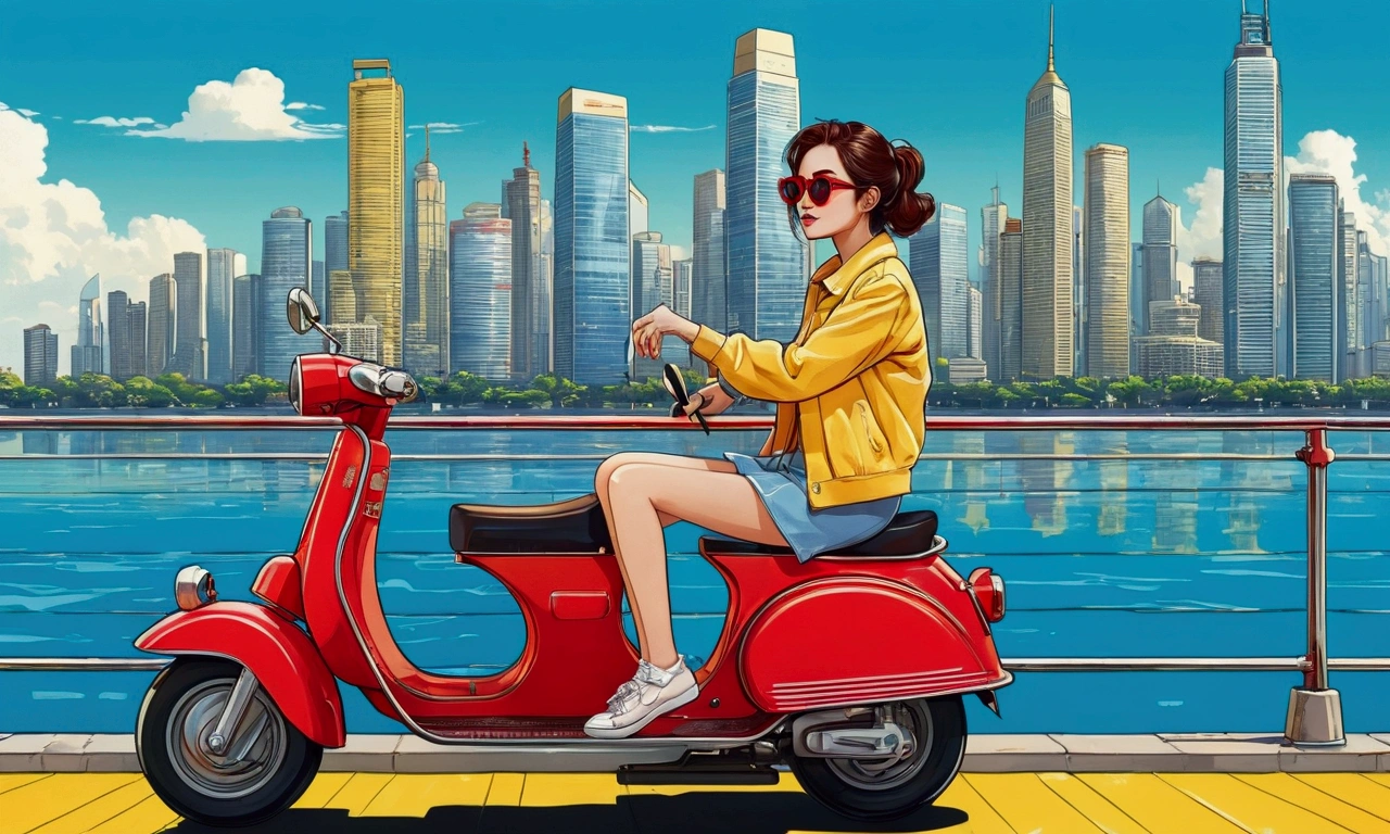 Illustration of a young woman wearing sunglasses sitting on a yellow and red vintage scooter parked near a railing。In the background、Modern city skyline with skyscrapers、The water surface reflecting the cityscape is depicted.。The women are wearing colorful, casual clothing.、There is a relaxed and calm atmosphere。This image is、Retro anime art style。