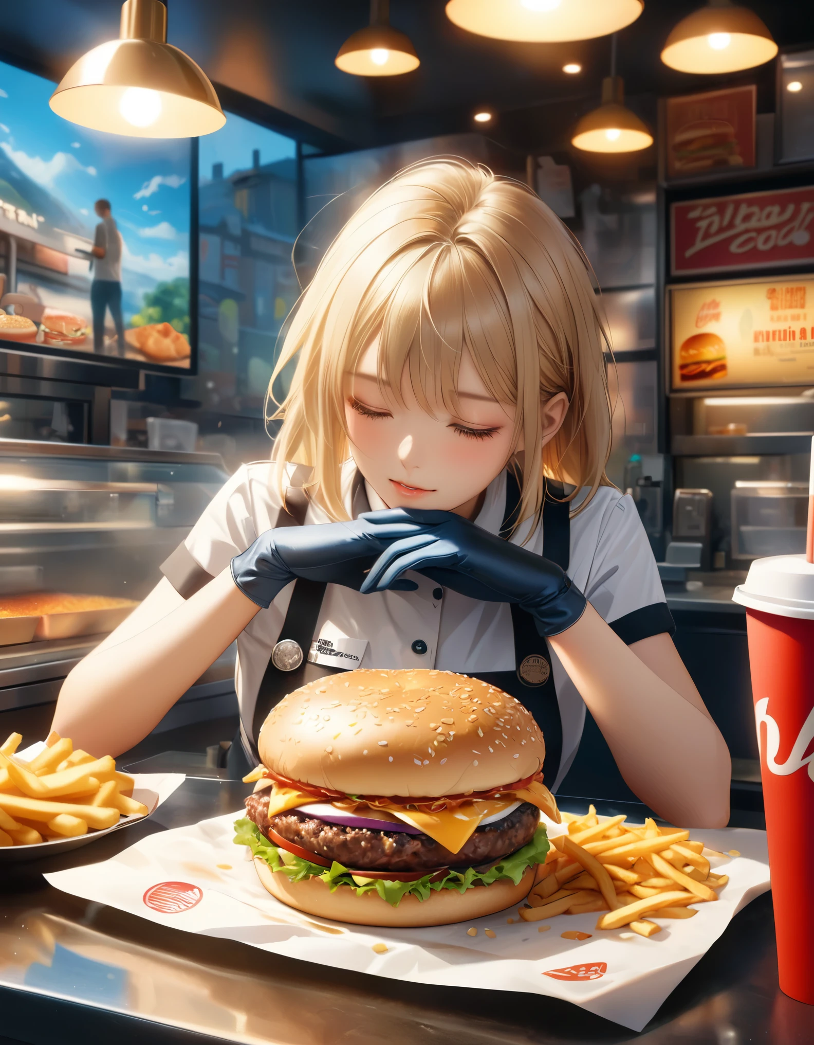 ((Masterpiece in maximum 16K resolution):1.6),((soft_color_photograpy:)1.5), ((Ultra-Detailed):1.4),((Movie-like still images and dynamic angles):1.3) | ((double contact):1.3), ((Supermodel beauty as a Fast Food Worker):1.2), ((Superimposed on Blonde Hair Cute Female):1.1), ((Fast food restaurant lighting):1.3), Oil and ink on canvas, fine dark art, super dramatic light, photoillustration, amazing depth, the ultra-detailed, iridescent black, superfluous dreams, intricately details, amazing depth, Amazing atmosphere, Mesmerizing whimsical vibrant landscapes, ((Fast Food Worker):1.2), ((Detailed Fast Food Restaurant):1.1), ((Happy view):1.1), ((hand gloves):1.1), Maximalism ((beautiful outside, Ugly inside, pressure and pain, beauty and despair, hard and soft, positive and negative, hot and cold, Sweet and sour, Vibrant but boring, Perfect harmony, light and shadows, old and young, Black and white, Corresponding color, loud and quiet, Chaos and peace, life and death):1.2) The complex masterpiece of a real-time engineering leader. | Rendered in ultra-high definition with UHD and retina quality, this masterpiece ensures anatomical correctness and textured skin with super detail. With a focus on high quality and accuracy, this award-winning portrayal captures every nuance in stunning 16k resolution, immersing viewers in its lifelike depiction. | ((perfect_composition, perfect_design, perfect_layout, perfect_detail, ultra_detailed)), ((enhance_all, fix_everything)), More Detail, Enhance.