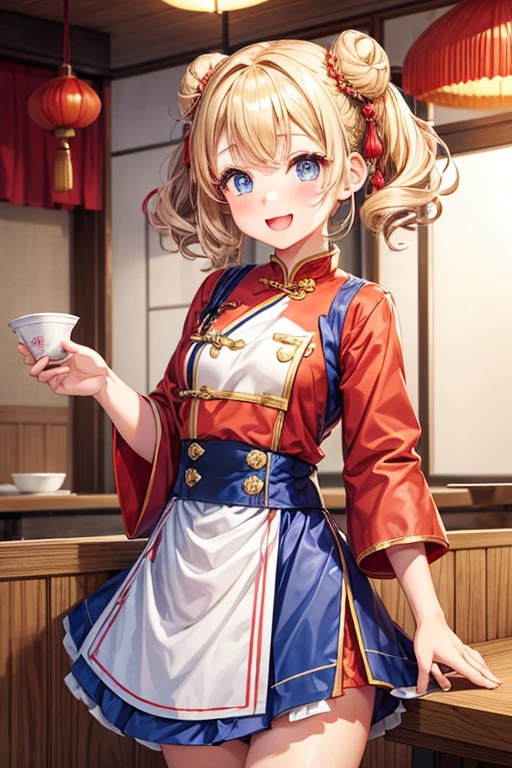 One girl,waitress,Blonde,Twin tails,Bun hairstyle,Curly Hair,short hair,Red Chinese clothing,apron,Blue Eyes,blush,Mouth wide open,A very happy smile,Energetic girl,Girl with small,Small breasted girl,Small  Girls,,flat chest,Chinese restaurant,Gorgeous