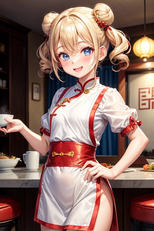 One girl,waitress,Blonde,Twin tails,Bun hairstyle,Curly Hair,short hair,Red Chinese clothing,Blue Eyes,blush,Mouth wide open,A very happy smile,Energetic girl,Girl with small,Small breasted girl,Small Girls,,flat chest,Chinese restaurant,Flat