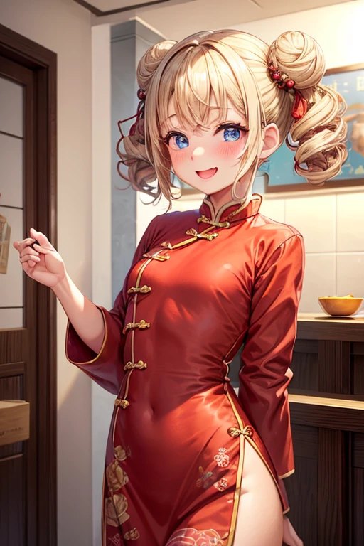 One girl,waitress,Blonde,Twin tails,Bun hairstyle,Curly Hair,short hair,Red Chinese clothing,Blue Eyes,blush,Mouth wide open,A very happy smile,Energetic girl,Girl with small,Small breasted girl,Small Girls,,flat chest,Chinese restaurant,Flat