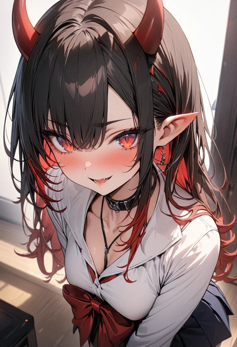 (masterpiece:1.2),(best quality:1.2),(masterpiece, best quality, ultra-high resolution), (demon girl), Short black hair with red tips, bright red eyes, reddish skin tone, small sharp horns, slim figure, , Japanese  with pleated skirt and white blouse, red bow on the neck.