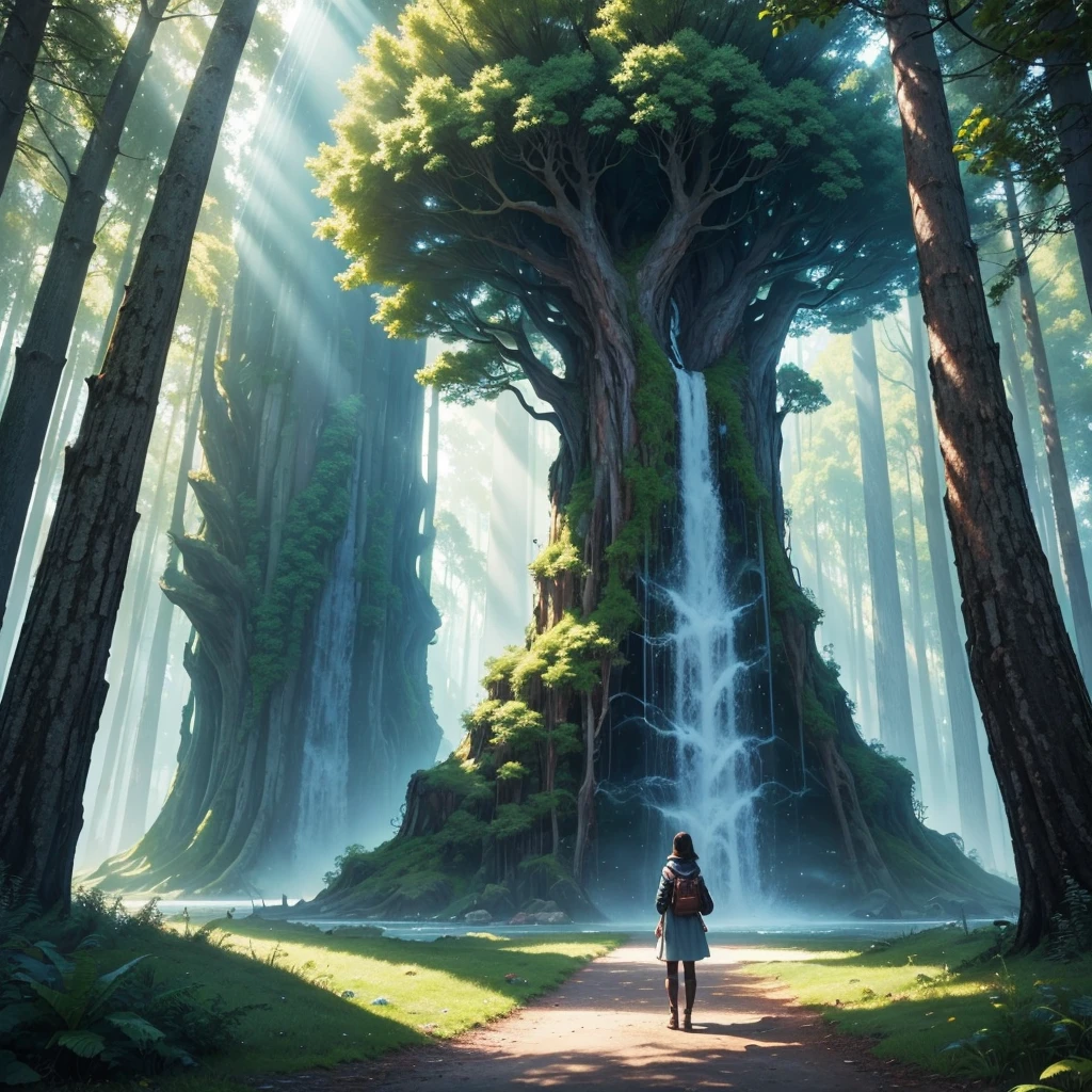 mysteriousな超巨大なトンネルの中に森がある,Giant Tree Forest,Ultra-realistic,universe,There is a huge tree,There is a road in the middle of the forest,Different world,The sunlight from the sun shines on the earth,Colorful,Best Quality,8K,mysterious,Multidimensional,High Dimension,Fantasy,Different space,There are many different creatures,heaven,Paradise,Nature,romantic,A world beyond imagination,Dream world,universe,Huge river,masterpiece,最高masterpiece,perfection,