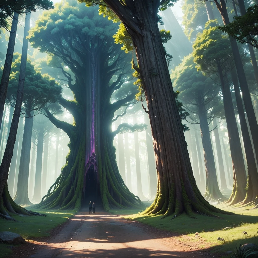 mysteriousな超巨大なトンネルの中に森がある,Giant Tree Forest,Ultra-realistic,universe,There is a huge tree,There is a road in the middle of the forest,Different world,The sunlight from the sun shines on the earth,Colorful,Best Quality,8K,mysterious,Multidimensional,High Dimension,Fantasy,Different space,There are many different creatures,heaven,Paradise,Nature,romantic,A world beyond imagination,Dream world,universe,Huge river,masterpiece,最高masterpiece,perfection,