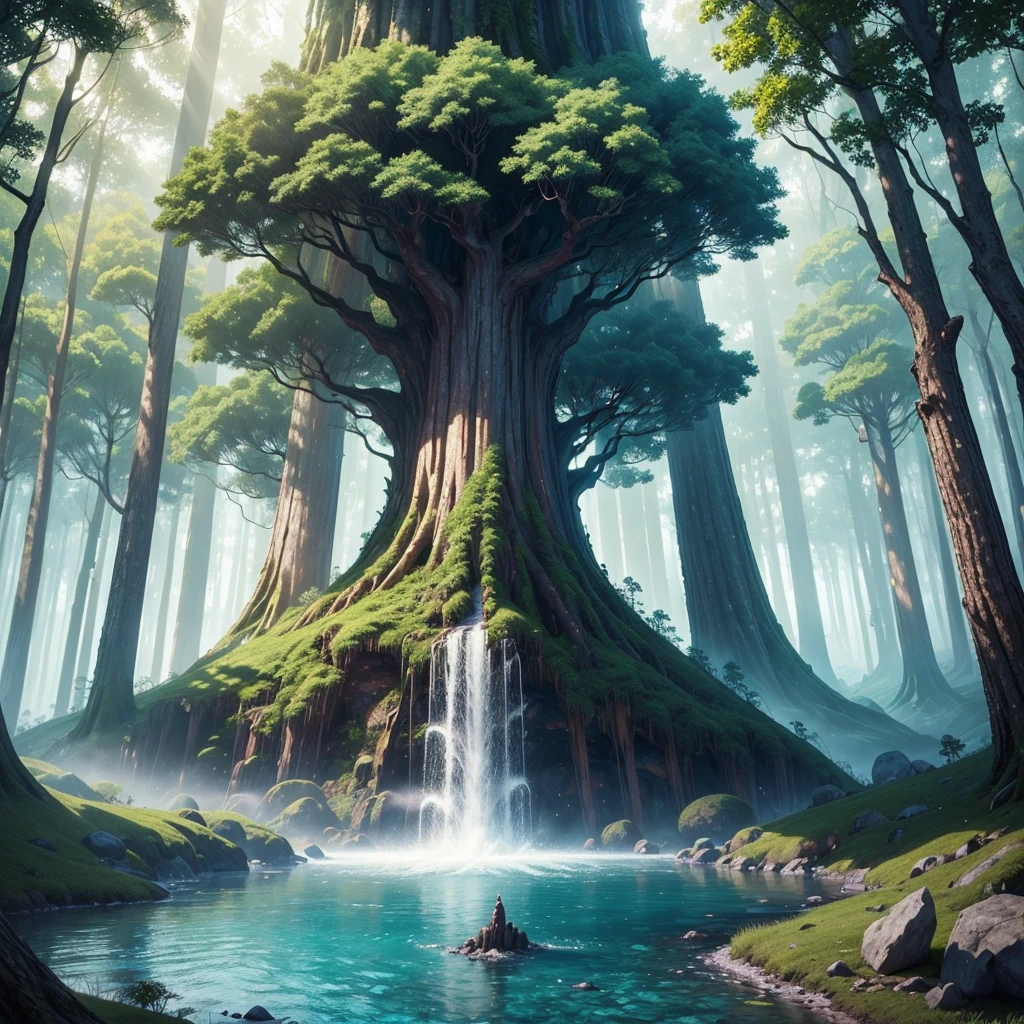 mysteriousな超巨大なトンネルの中に森がある，Giant Tree Forest，Ultra-realistic，universe，There is a huge tree，There is a road in the middle of the forest，Different world，The sunlight from the sun shines on the earth，Colorful，Best Quality，8K，mysterious，Multidimensional，High Dimension，Fantasy，Different space，There are many different creatures，heaven，Paradise，Nature，romantic，A world beyond imagination，Dream world，universe，Huge river，masterpiece，最高masterpiece，perfection，