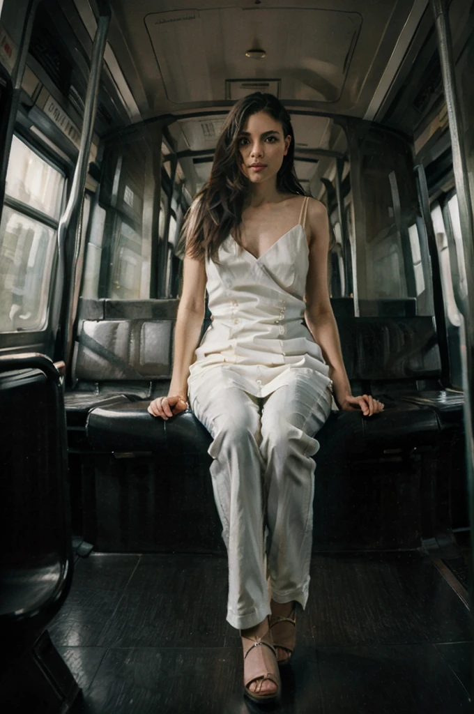 Oil painting of an elegant slim woman sitting in a Metro car ((ONE WOMAN ONLY)) ((woman dressed in white)) modern dress, gray jeans pants, modern, actual, Nick Alm, by Andrea Pozzo, Jeremy Lipking, range murata Jeremy Lipking, by Carlo Mense, inspired by Enrique Simonet, sargento marshénnikov, by Michael Ford, krenzcushart, Jeremy Lipking full length shot, by Josep Rovira Soler