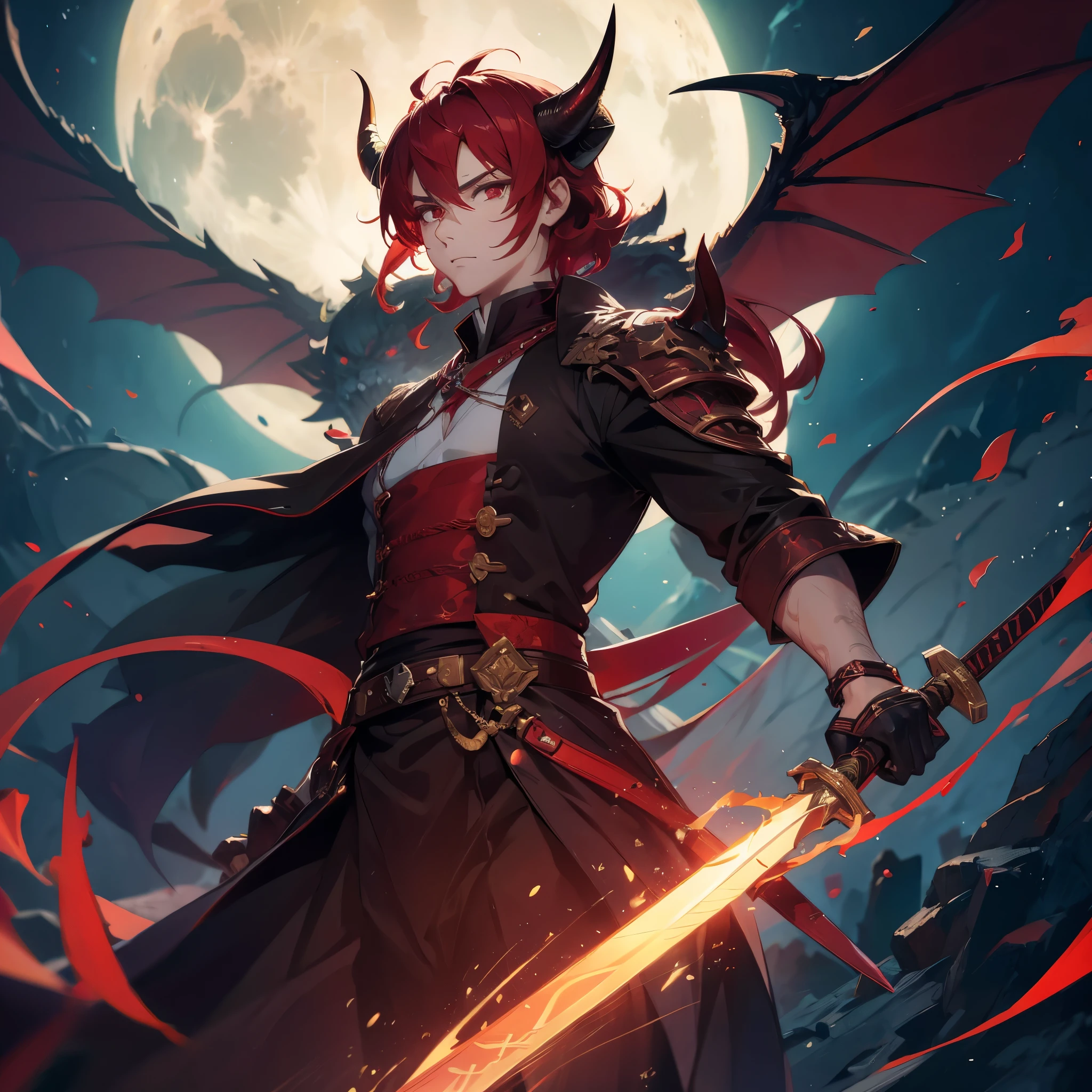 1 handsome guy in demon killer art, demon horn, red hair,wings, moon, sword, Inspired by Bian Shoumin, heise jinyao, Inspired by Seki Dosheng, Cai Xukun, by Yang J, Guviz-style artwork, Deviantart ArtStation CGSCOSIETY, demon slayer rui fanart, 8k, hd, unreal engine, manly, handsome,