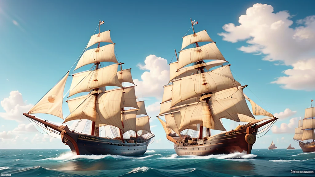 "European colonial ships sailing towards the New World, 17th century, historical painting style"
