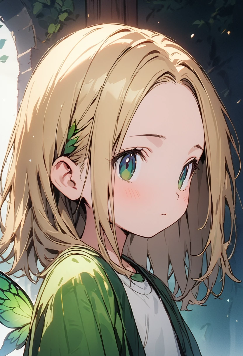 ((masterpiece,High resolution,Highest quality,8K,Detailed face and anatomy))
(One Girl,quiet,10 years old,Fairy,Blonde Bob Hair,No bangs,Wide forehead,Center Part,Beautiful hair quality,Clear Skin,Big green eyes,small,small胸,The body is slim)
