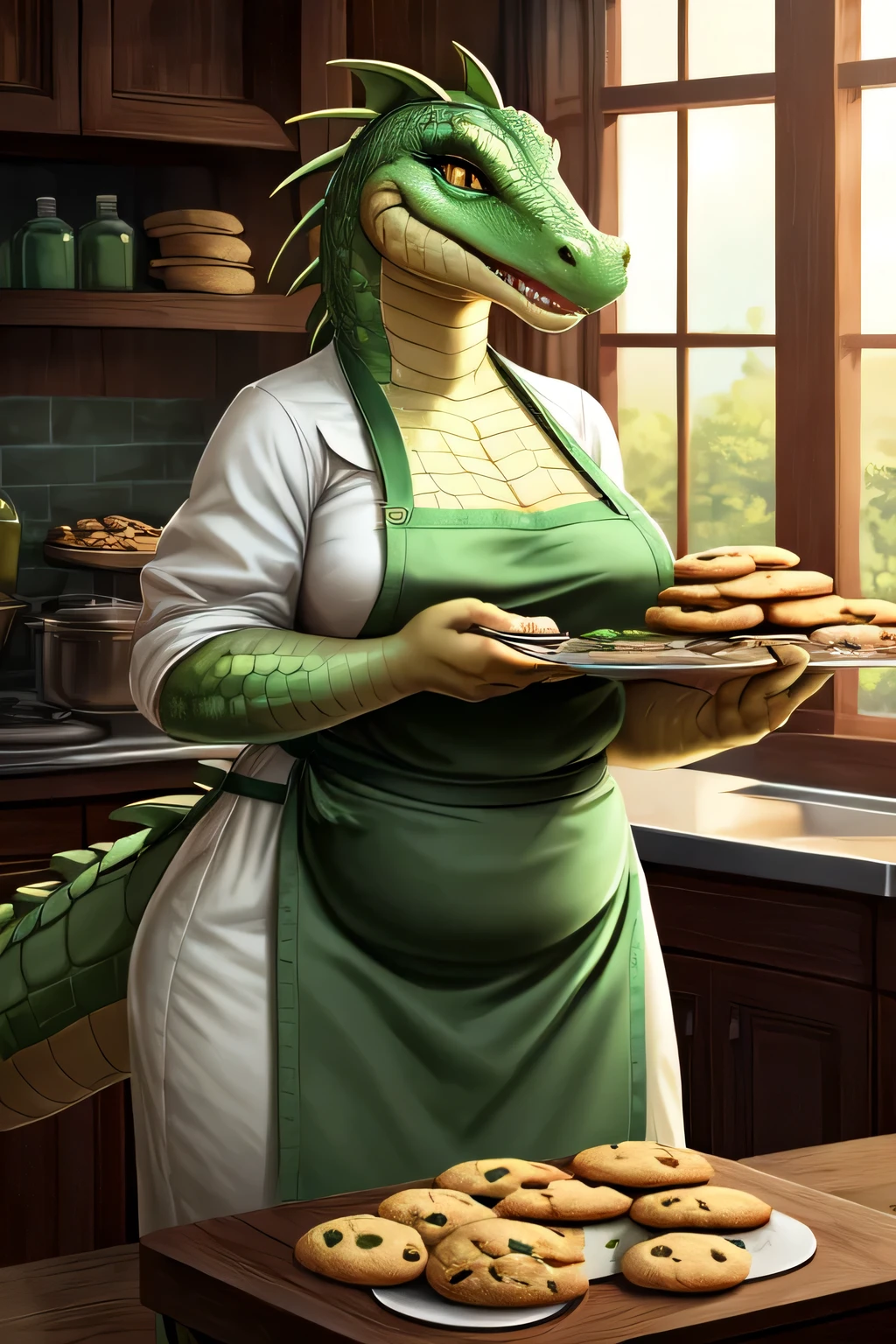 ((best quality)), ((masterpiece)), (detailed), 1girl, mint green aligator, wearing brown apron, medium breasts, slightly chubby, holding tray of cookies, prominent scales, sharp fingers