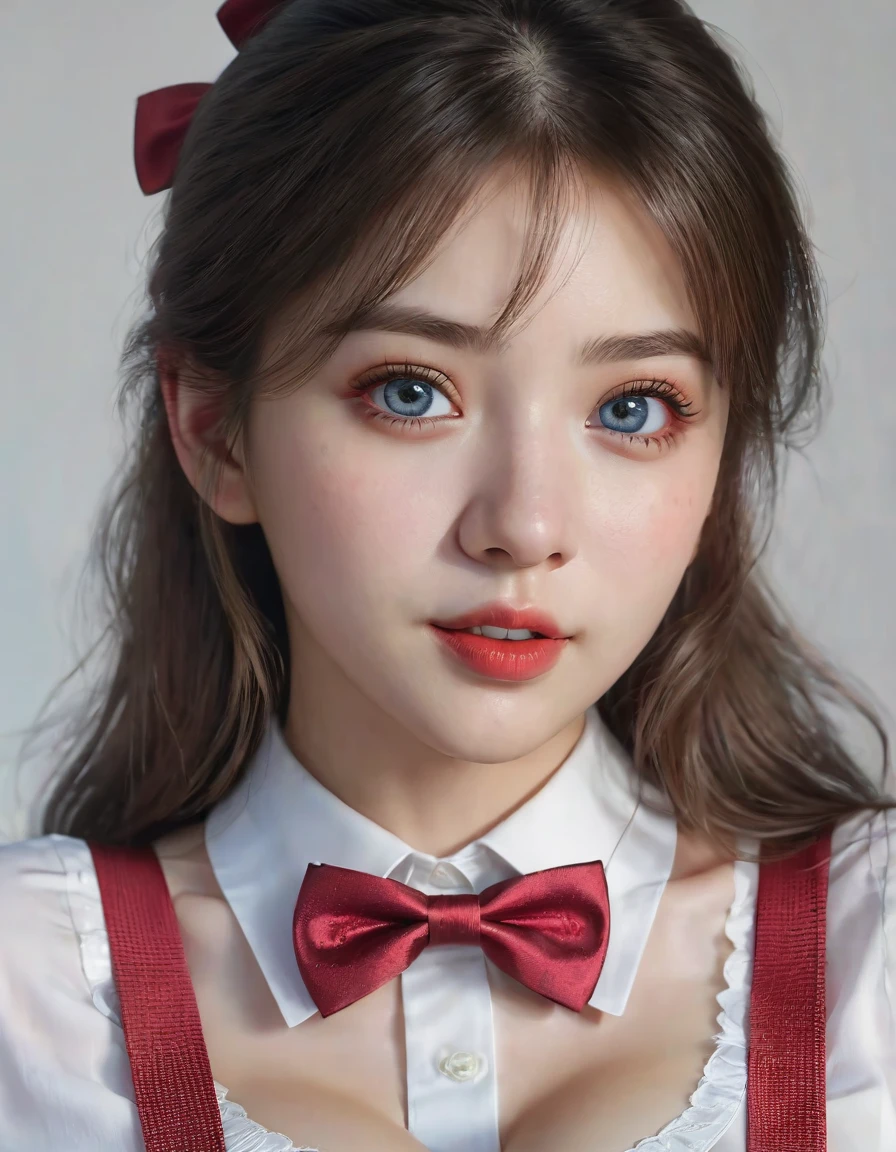 1girl, solo, large breasts, suspender skirt, white shirt, red bowtie, happy, intricate details, beautiful detailed eyes, beautiful detailed lips, extremely detailed face, long eyelashes, photorealistic, hyperrealistic, (best quality,4k,8k,highres,masterpiece:1.2),ultra-detailed,(realistic,photorealistic,photo-realistic:1.37),vibrant colors, cinematic lighting, studio lighting