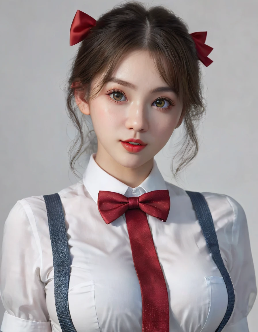 1girl, solo, large breasts, suspender skirt, white shirt, red bowtie, happy, intricate details, beautiful detailed eyes, beautiful detailed lips, extremely detailed face, long eyelashes, photorealistic, hyperrealistic, (best quality,4k,8k,highres,masterpiece:1.2),ultra-detailed,(realistic,photorealistic,photo-realistic:1.37),vibrant colors, cinematic lighting, studio lighting