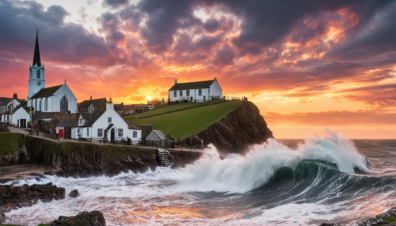 A beautiful old English fishing village with giant waves crashing over the sea wall, there's a church on the hill, it is sunset and the clouds are red,