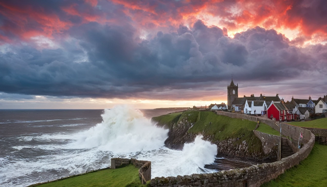 A beautiful old English fishing village with giant waves crashing over the sea wall, there's a church on the hill, it is sunset and the clouds are red,