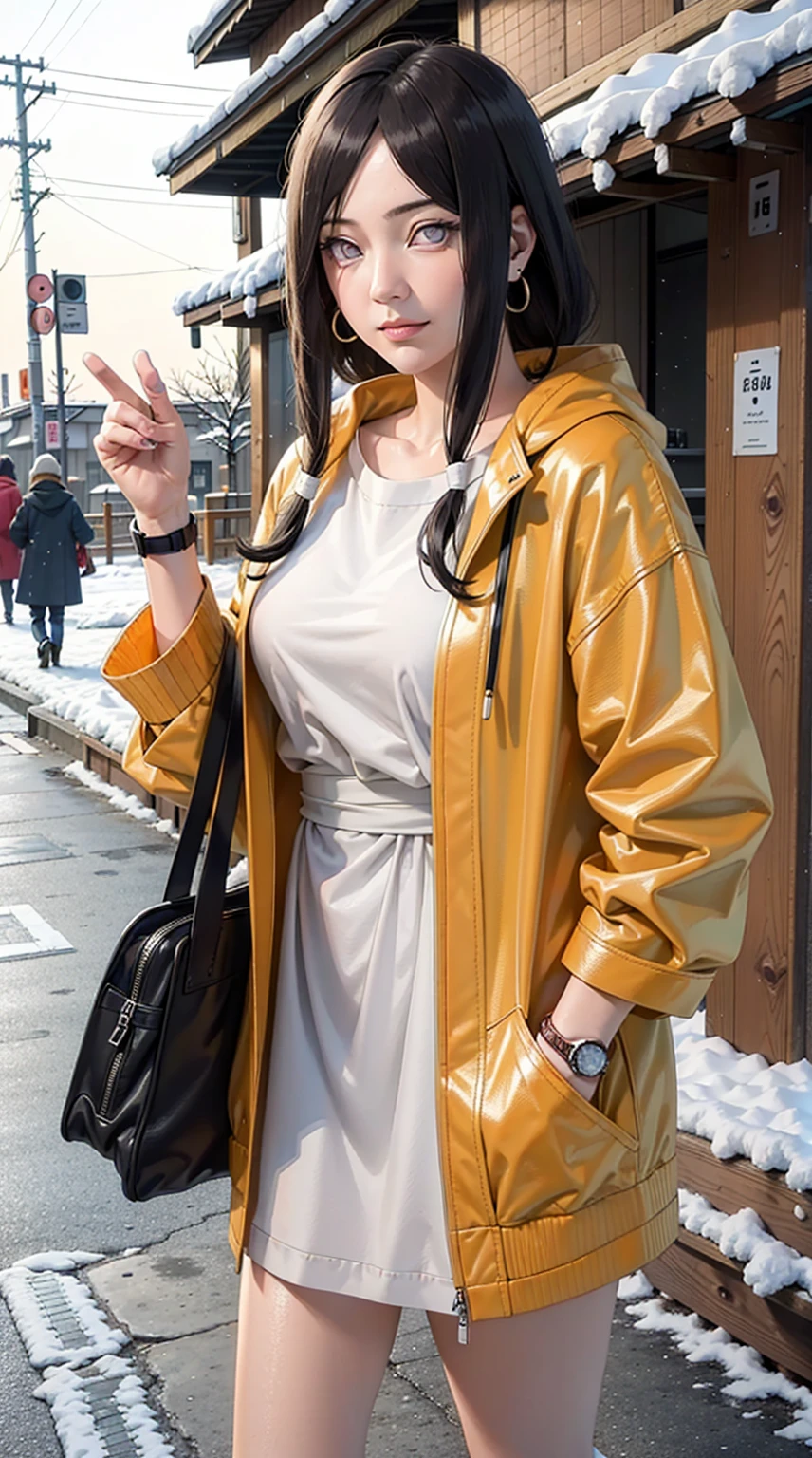 Hanabi Hyūga, hair, knotted low, hair band, Hana with purple eyes, perfect breasts, wearing a cap, Wearing a winter jacket, wear a duffle coat, Carrying the bag, wear a watch, wearing earrings, on the audience, While in Tokyo , Being on the street, Snow outside, Snowing, Looking at the viewer, slight smile, realism, masterpiece, Textured leather, super detailed, high detail, High quality, Best quality, 1080P, 16 thousand.