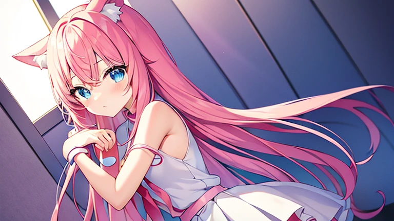 cute anime girl holding a pink video game controller in a room, anime catgirl,a girl wear white shirt and red tie and wear tight white skirt,cute anime catgirl, anime girl with cat ears, blue eyes,flat anime style, nekomimi, lofi girl, catgirl, anime vibes, soft anime illustration, ddlc, girl with cat ears, anime style. 8k, pink straight hair, long bubblegum hair, pink wispy hair, long pink hair, long flowing pink hair, flowing pink hair, wear white skirt, anime girl with long hair and cyan eyes,and wear a tight white shirt and red tie and white skirt, ,digital anime illustration, anime room with a computer, a desk, anime background art, background art, anime aesthetic, personal bedroom background,gaming girls bedroom background, kawaii aesthetic, anime background, lofi girl aesthetic, girl wear white skirt, anime vibes, lofi artstyle, beautiful kawaii lighting, lo-fi illustration style, lofi aesthetic, interior background art, cute detailed digital art, glowing aesthetic, wear white skirt