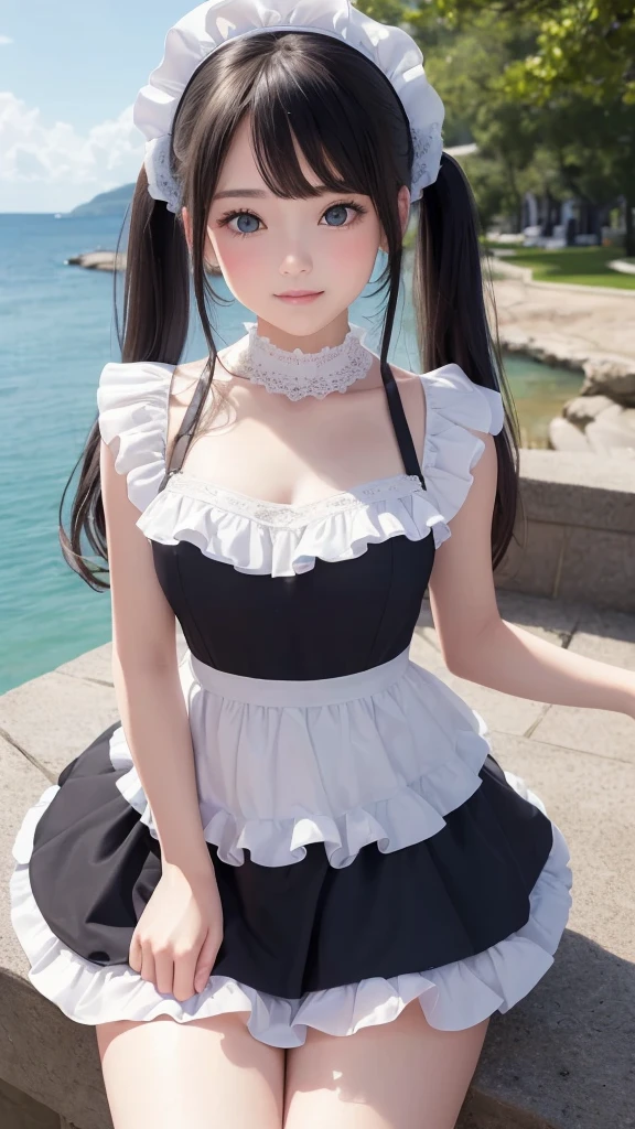 ((masterpiece)), ((highest quality、Ultra high definition)), (Very detailed),8K、Photo quality、((Amazingly cute girl)),16-year-old girl)), Two people, , (Beautiful emerald blue eyes), ((smile)),In the open-air bath overlooking the sea, Beautifully arranged black hair in twin tails、whole body、Cute lolita maid style swimsuit))、Professional Lighting、(White lace knee-highore detailed and beautiful)、(More details and cutenesore realistic)、(((Just wear light clothing)))、プールではしゃぐ、