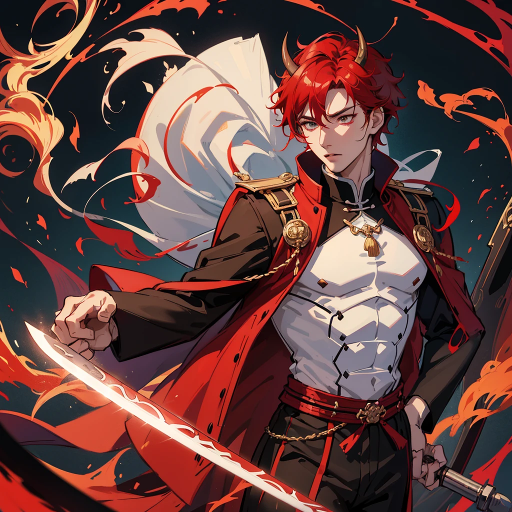 1 handsome guy in demon killer art, demon horn, red hair，sword,  Inspired by Bian Shoumin, heise jinyao, Inspired by Seki Dosheng, Cai Xukun, by Yang J, Guviz-style artwork, Deviantart ArtStation CGSCOSIETY, demon slayer rui fanart, 8k, hd, unreal engine, manly, handsome, 