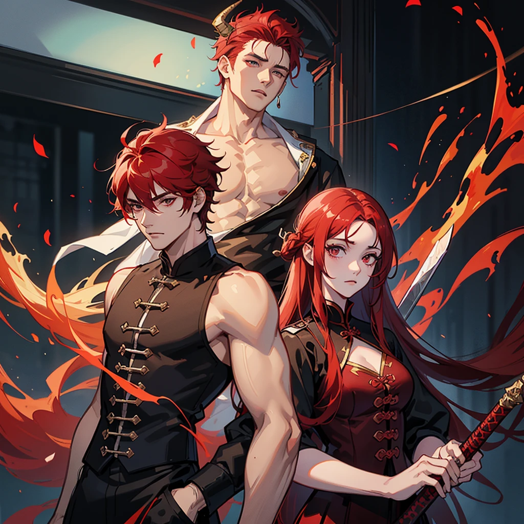 1 handsome guy in demon killer art, demon horn, red hair,sword, Inspired by Bian Shoumin, heise jinyao, Inspired by Seki Dosheng, Cai Xukun, by Yang J, Guviz-style artwork, Deviantart ArtStation CGSCOSIETY, demon slayer rui fanart, 8k, hd, unreal engine, manly, handsome,