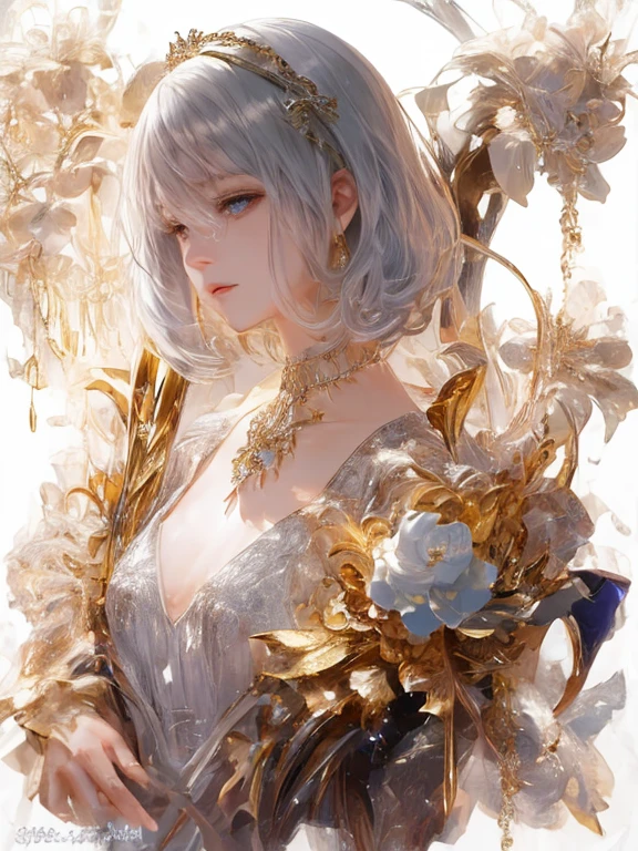 The upper part of the body、The face is front、profile、8K、realphoto、超A high resolution, Master Parts, Best Quality, nffsw , cinematic images,Lovely girl、Ann、 only、Annグロサクソン、double eyelid、drooing eyes、Very big eyes、Eyes purple、Dark eye shadow、The lips are very thin、The tip of the nose stretches beautifully..............................................、the tip of the nose is small,,,,, ighly detailed , Silver hair、Straight short hair、ssmile、 Sweet look 、a very beautiful woman、legs are long、 Very clear shadows , jewely , A sexy , A detailed eye, very intricate, shiny skins , パーフェクトブリリAnnト, Perfect Lighting, Dramatic shadows、White tiara on head、Gold necklace around the neck、White aristocratic dress with gold embroidery、
