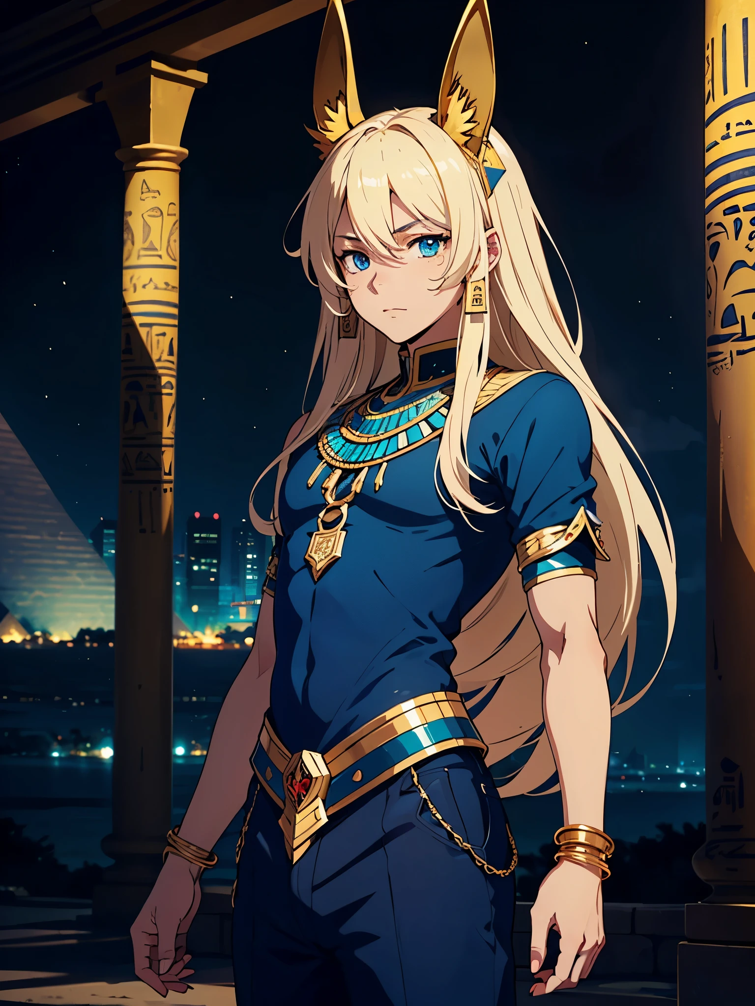 More anime style. cutie pie. アニメ! . Egyptian deity Anubis. Egyptian blue clothing. Blue clothes.  long blond hair. Lots of gold jewelry. dark skin. Egyptian. dazzling blue eyes. mystical. divine.