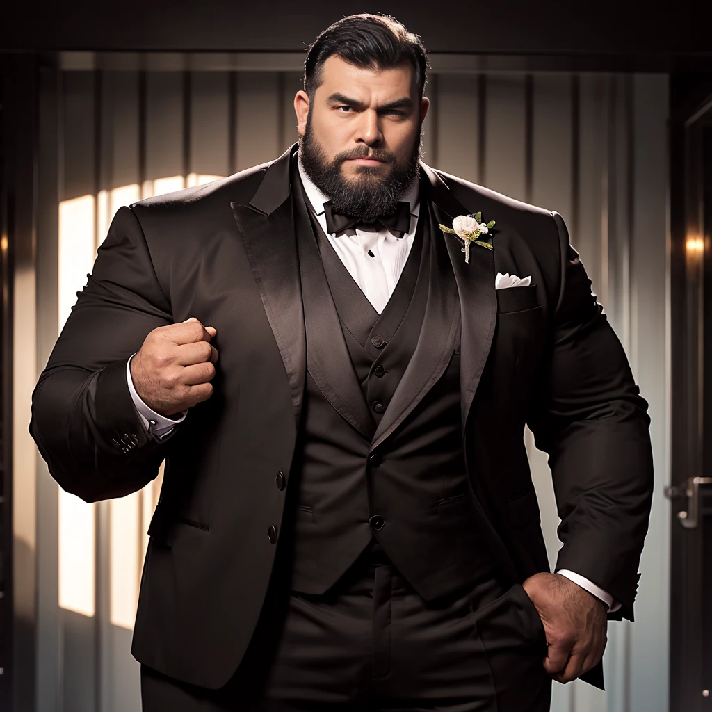 American Male、Dark skin、Big body、Strong beard、Very large body、Very large muscles、Wearing a black long sleeve tuxedo、Six Pack、A sharp face、Muscle Pose、Crotch detail、And then draw the whole body、Bald、Plump crotch、スキンヘッド、no hair