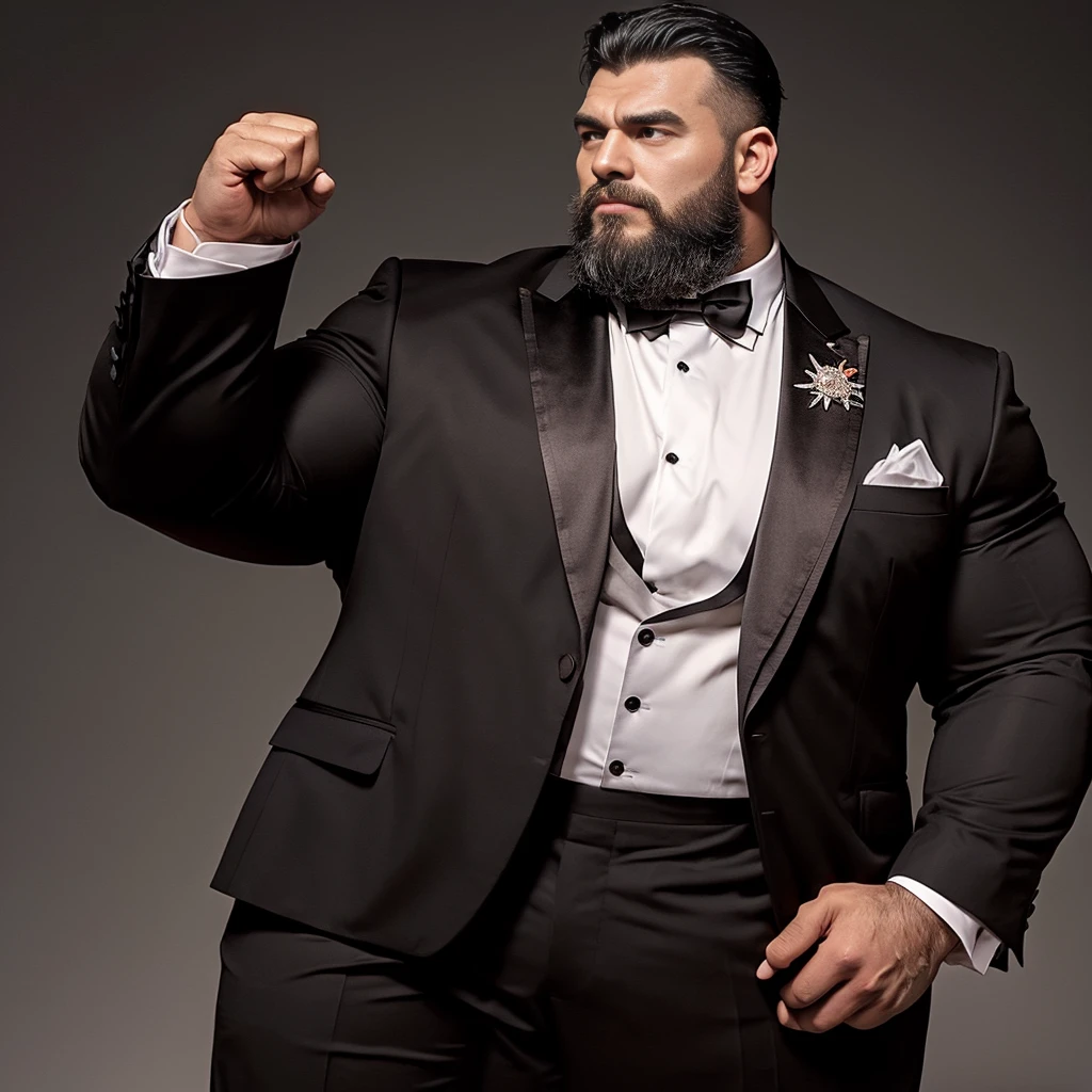 American Male、Dark skin、Big body、Strong beard、Very large body、Very large muscles、Wearing a black long sleeve tuxedo、Six Pack、A sharp face、Muscle Pose、Crotch detail、And then draw the whole body、Bald、Plump crotch、スキンヘッド、no hair