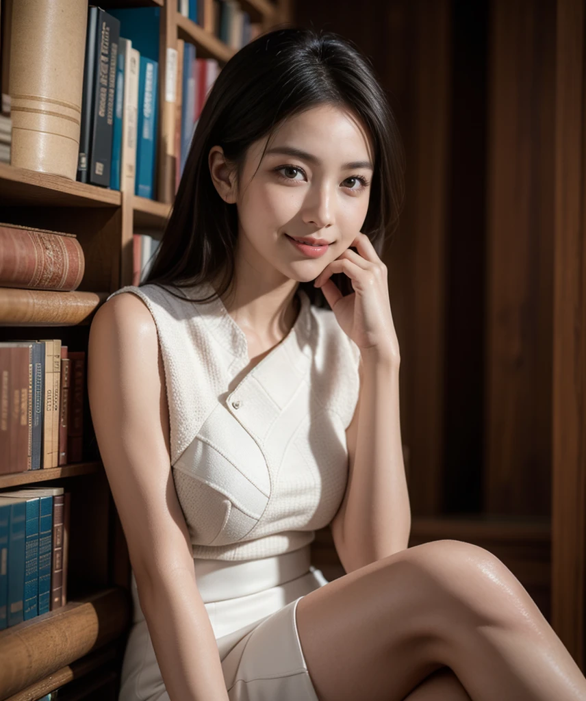 a beautiful korean girl,standing in a detailed library, very big library, many books in library, very very big library, bright light in library, advanced library, wearing a above knee length pink college uniform, beautiful detailed eyes,beautiful detailed lips,extremely detailed eyes and face,long eyelashes,photorealistic,realistic lighting,detailed background,vibrant colors,intricate details,masterpiece,highres,ultra-detailed,8k, (best quality,8k,highres,masterpiece:1.2),ultra-detailed,(realistic,photorealistic,photo-realistic:1.37),warm lighting,vibrant colors,soft focus,elegant,cinematic,highly detailed,professional digital art, 32k CG unity wallpaper, UHD, Ultra HD, ultra realistic, hyper realistic, ultra sharp, vivid, Realistic, Glow face, traditional wear, realistic skin, realistic smile, realistic atmosphere, every thing is realistic, cutest smile, realistic body, realistic body language, stylish look, stylish angles, beautiful background scenery, detailed background, hyper-detailed, bright skin, glow skin, one hand on hair, smile, cinematic photography, award winning Photography, Very High Resolution picture quality, Very High PPI, bright skin, glow, ovel Navel can be shown, 