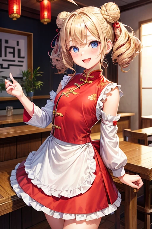 One girl,waitress,Blonde,Twin tails,Bun hairstyle,Curly Hair,short hair,Red Chinese clothing,apron,Blue Eyes,blush,Mouth wide open,A very happy smile,Energetic girl,Girl with small,Small breasted girl,Small  Girls,,flat chest,Chinese restaurant,Gorgeous