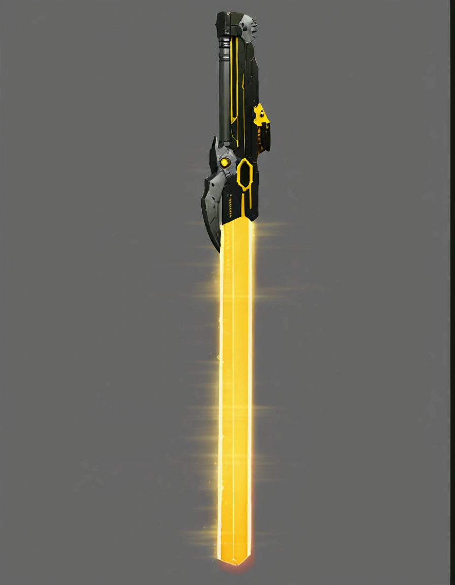 On a gray background,The gun emits yellow light, sci-fi sword, Weapon Design, Weapon concept art, The style of the Ghost Slayer Blade, Sword Design, Tech Legend Sword, Sword weapons, Sci-fi weapons, Broadsword, Weapon Concept Art, giant glowing neon ax, Glowing sword, Wielding a futuristic sword, realistic lance
