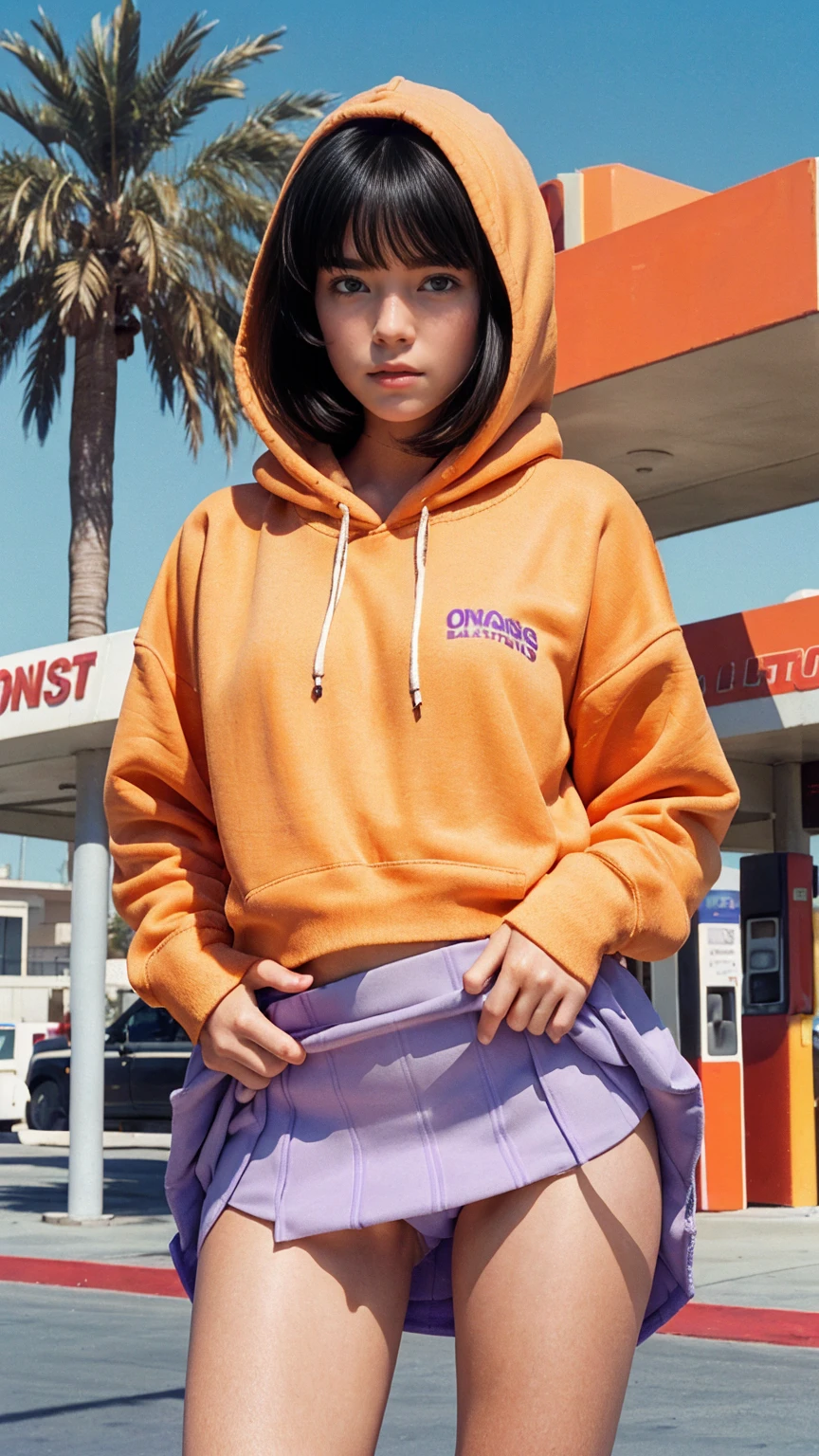 photo cinematic photograph long shot portraits by Wes Anderson, cute 23 yo girl ,fokus, bokeh ,wear ((orange color oversized_hoodie)), wear ((purple tennis skirt)),looking front,Best Quality,Masterpiece,Ultra High Resolution,(Realisticity:1.4),Original Photo, 1Girl, light leak,ultra high resolution,UHD,beautiful, (black bob hair), almond eye, no makeup, in front of ((80's los angles gas station)), (realistic:1.2), (surreal:1.3), (very detailed:1.1), ((masterpiece)),summer, blue sky, palm trees,sunny, los angles vibes,film camera, 800mm lens,style of Philip Lorca diCorcia