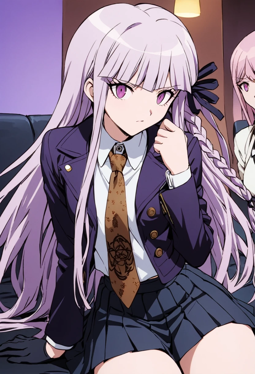 ((masterpiece,High resolution,Highest quality,8K,Detailed faces and anatomy))
(****************,Danganronpa,Kyouko Kirigiri,Purple Hair,Long Hair,Side braiding,Purple eyes,slender)(Black Ribbon,Black gloves,White collared shirt,Purple open jacket,Black pleated skirt,Brown tie,Printed necktie)Close one eye,Wink