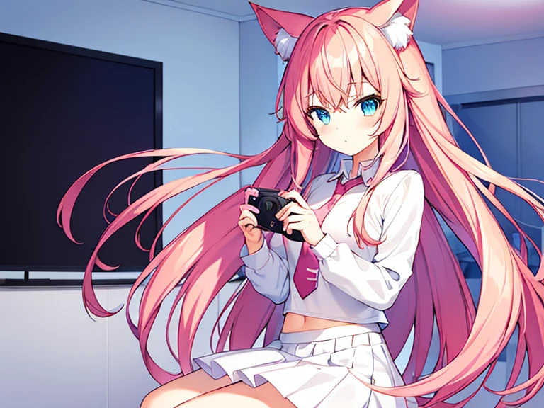 cute anime girl holding a pink video game controller in a room, anime catgirl,a girl wear white shirt and red tie and wear tight white skirt,cute anime catgirl, anime girl with cat ears, blue eyes,flat anime style, nekomimi, lofi girl, catgirl, anime vibes, soft anime illustration, ddlc, girl with cat ears, anime style. 8k, pink straight hair, long bubblegum hair, pink wispy hair, long pink hair, long flowing pink hair, flowing pink hair, wear white skirt, anime girl with long hair and cyan eyes,and wear a tight white shirt and red tie and white skirt, ,digital anime illustration, anime room with a computer, a desk, anime background art, background art, anime aesthetic, personal bedroom background,gaming girls bedroom background, kawaii aesthetic, anime background, lofi girl aesthetic, girl wear white skirt, anime vibes, lofi artstyle, beautiful kawaii lighting, lo-fi illustration style, lofi aesthetic, interior background art, cute detailed digital art, glowing aesthetic, wear white skirt