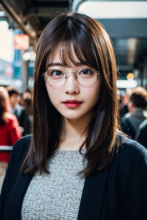 (8K、Raw photo、Highest quality、masterpiece:1.2)、(Realistic、Photorealistic:1.37)、Ultra-detailed、Ultra-high resolution、1 girl、Seeing the viewer、Beautifully detailed face、Laughter、narrow、(Slim waist) :1.3)、shortcut、Beautifully detailed skin、Skin Texture、Floating Hair、Professional Lighting、Waiting for the train on the platform、Black-rimmed square glasses 、Human whole body、Brown Hair