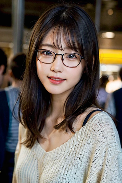 (8K、Raw photo、Highest quality、masterpiece:1.2)、(Realistic、Photorealistic:1.37)、Ultra-detailed、Ultra-high resolution、1 girl、Seeing the viewer、Beautifully detailed face、Laughter、narrow、(Slim waist) :1.3)、shortcut、Beautifully detailed skin、Skin Texture、Floating Hair、Professional Lighting、Waiting for the train on the platform、Black-rimmed square glasses 、Human whole body、Brown Hair
