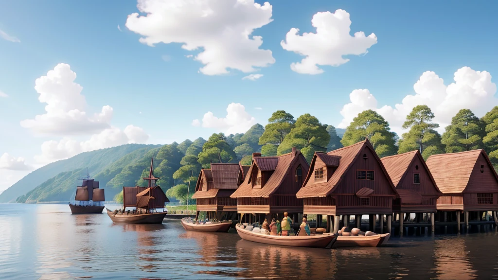 "Colonists disembarking on the New World coast, building first wooden houses, 17th century, realistic style"