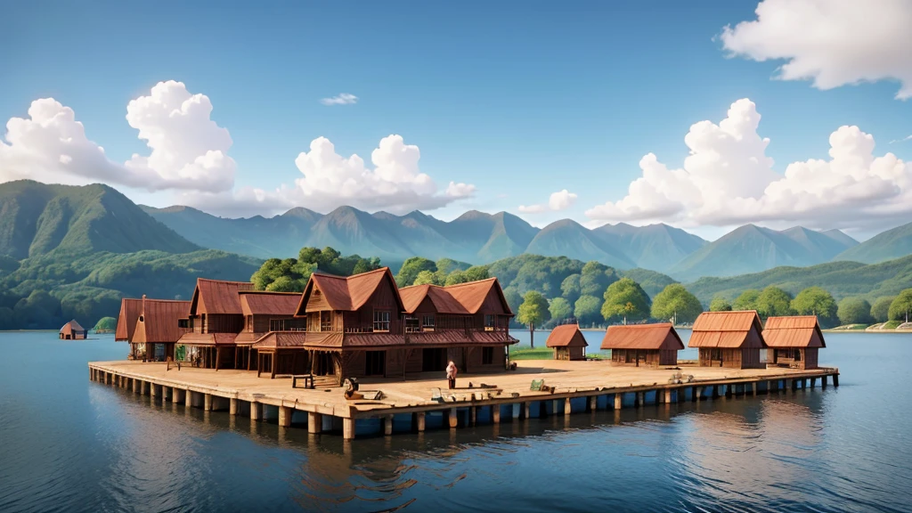 "Colonists disembarking on the New World coast, building first wooden houses, 17th century, realistic style"