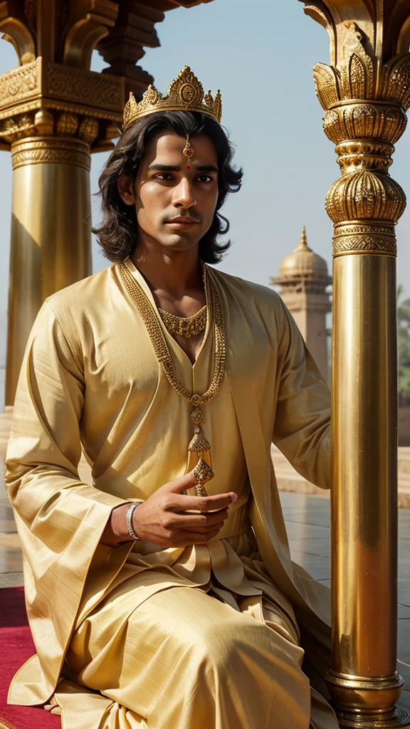 Create an image of a dignified male king in royal garments with a crown featuring Jain symbols such as the hand with a wheel on the palm (Ahimsa). The setting should include Jain temples and peaceful environments.