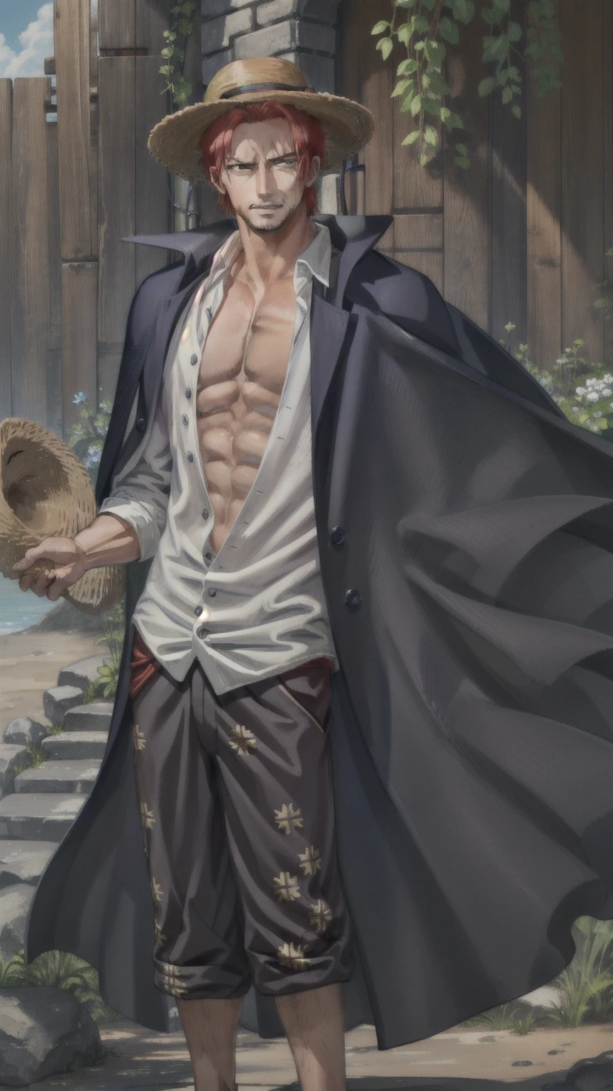 (masterpiece, Highest quality),  Intricate details,
 1人のmaleの子, male, Redhead, Straw hat, heart, Shanks \(one piece\),  scar on face, short hair, shirt,  white shirt, male性フォーカス, Open clothes, collared shirt, pants, Cape, coat, open shirt, Facial hair, scar, Sandals,  Pectoral muscle, Partially unbuttoned, Cleavage, coat on shoulders, nature, scenery, Upper Body, Straw hat,