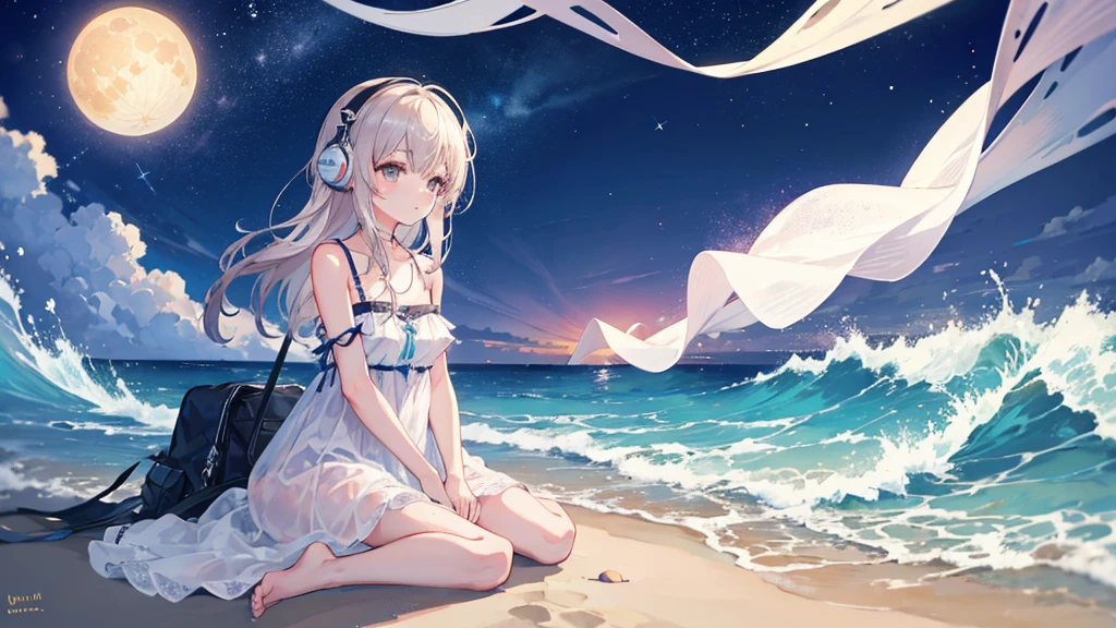 "A serene nighttime beach scene. A girl sits on the sandy shore, her headphones on, lost in the rhythm of the music. She wears a beautiful frock, the gentle waves almost touching her toes. Above her, the night sky is adorned with twinkling stars and a luminous moon, casting a soft glow over the tranquil scene. She looks completely relaxed, absorbed in her own world of melodies."
