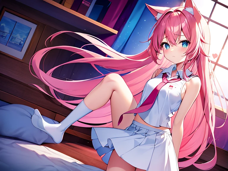 cute anime girl holding a pink video game controller in a room, anime catgirl,a girl wear white shirt and red tie and wear tight white skirt,cute anime catgirl, anime girl with cat ears, blue eyes,flat anime style, nekomimi, lofi girl, catgirl, anime vibes, soft anime illustration, ddlc, girl with cat ears, anime style. 8k, pink straight hair, long bubblegum hair, pink wispy hair, long pink hair, long flowing pink hair, flowing pink hair, wear white skirt, anime girl with long hair and cyan eyes,and wear a tight white shirt and red tie and white skirt, ,digital anime illustration, anime room with a computer, a desk, anime background art, background art, anime aesthetic, personal bedroom background,gaming girls bedroom background, kawaii aesthetic, anime background, lofi girl aesthetic, girl wear white skirt, anime vibes, lofi artstyle, beautiful kawaii lighting, lo-fi illustration style, lofi aesthetic, interior background art, cute detailed digital art, glowing aesthetic, wear white skirt