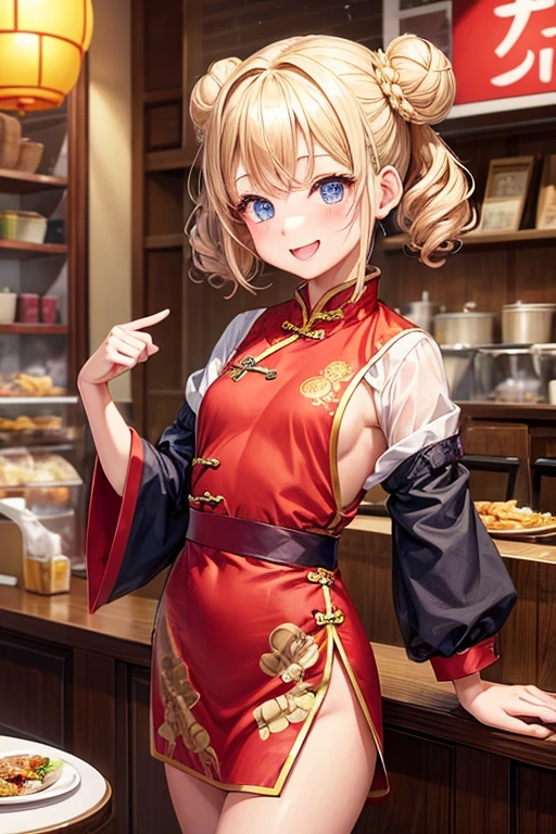 One girl,waitress,Blonde,Twin tails,Bun hairstyle,Curly Hair,short hair,Red Chinese clothing,Blue Eyes,blush,Mouth wide open,A very happy smile,Energetic girl,Girl with small,Small breasted girl,Small Girls,,flat chest,Chinese restaurant,Flat ,Gorgeous interior,A busy store