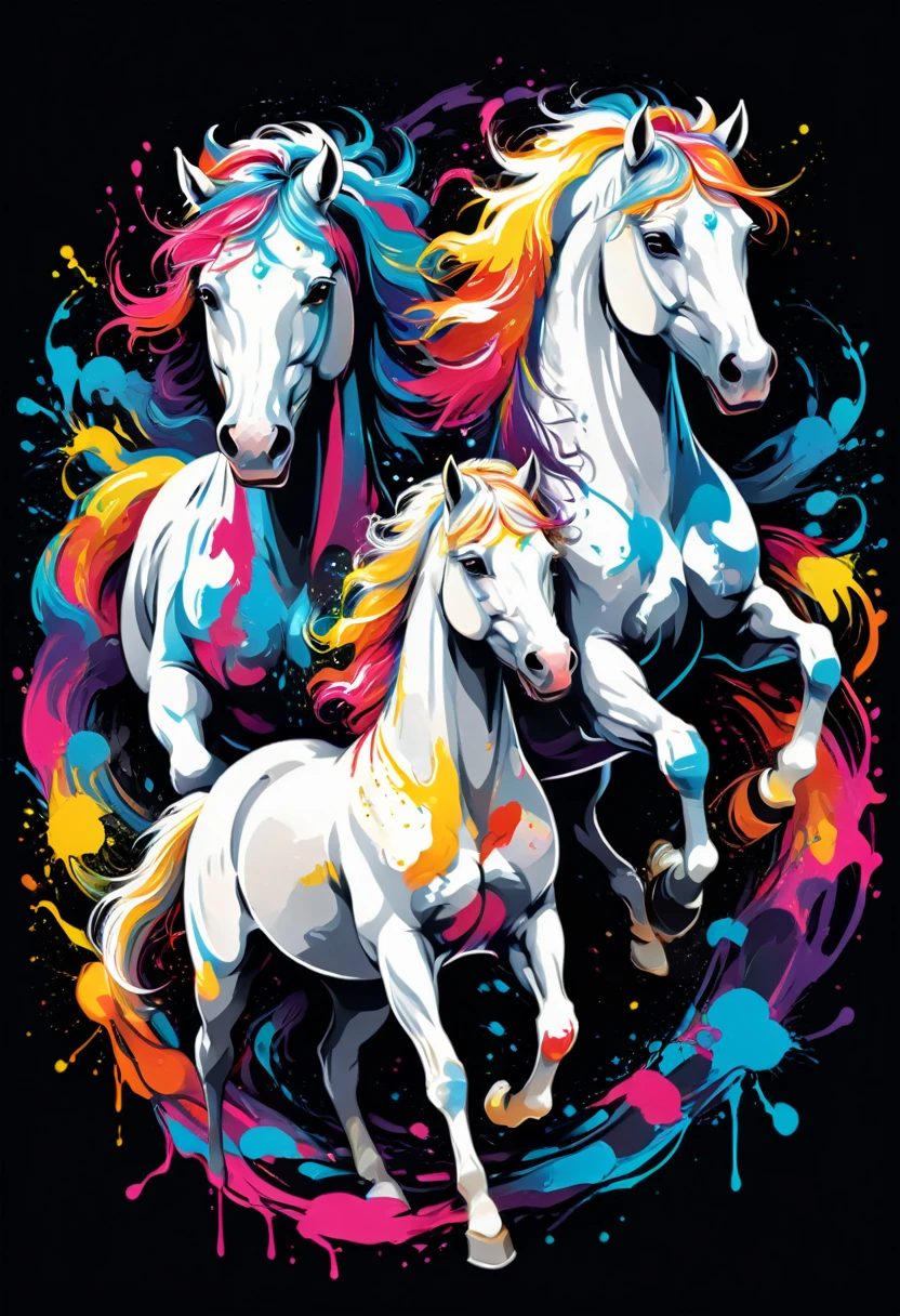 A t-shirt with vector art of a colorful illustration of white horses, At the center, swirly vibrant colors, paint splashes and smears, high détail,black backdrop
(work of art, best qualityer, proffesional, perfect composition, very aesthetic, absurdrez, super verbose, details Intricate:1.3)