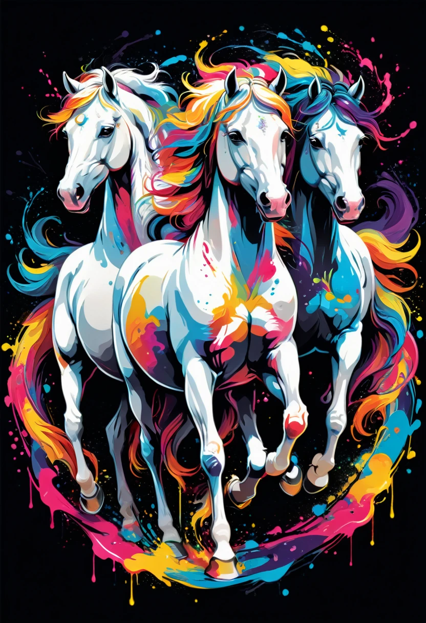 A t-shirt with vector art of a colorful illustration of white horses, At the center, swirly vibrant colors, paint splashes and smears, high détail,black backdrop
(work of art, best qualityer, proffesional, perfect composition, very aesthetic, absurdrez, super verbose, details Intricate:1.3)