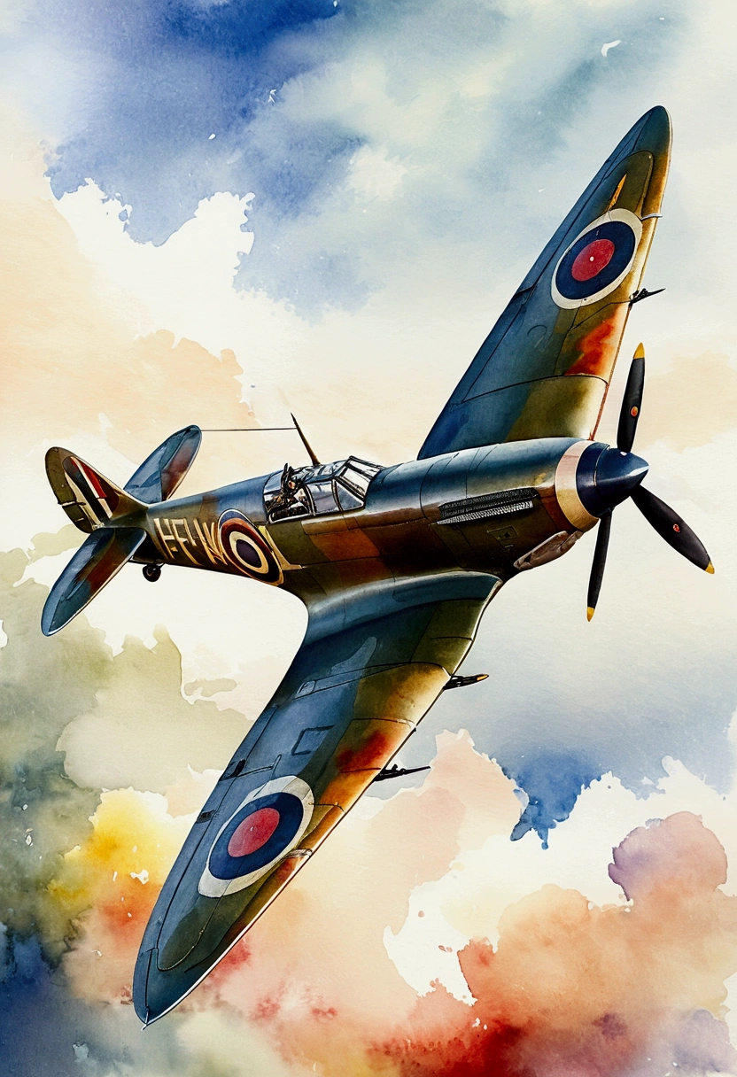world war 2 spitfire aircraft flying with blurred sky background. (watercolor)
