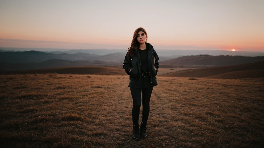 full body film photo of woman in winter setting wearing jacket, wide angle, bokeh, cinematic, sunset epiCRealism chrissy costanza  