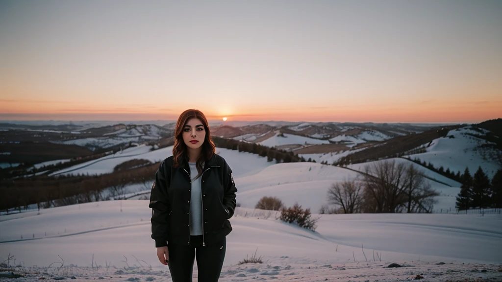 full body film photo of woman in winter setting wearing jacket, wide angle, bokeh, cinematic, sunset epiCRealism chrissy costanza  